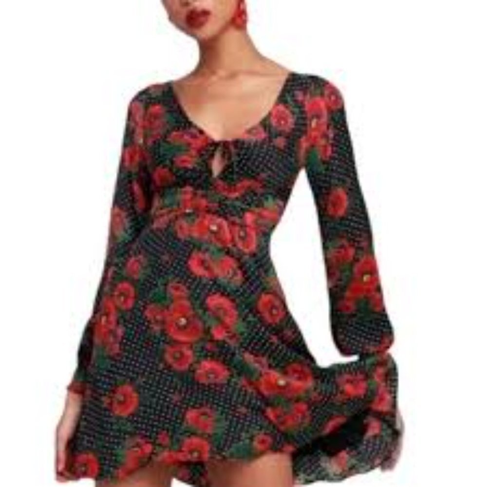 free PEOPLE MORNING LIGHT BLACK WHITE POLKA DOTS RED FLORAL SATIN MIDI DRESS
